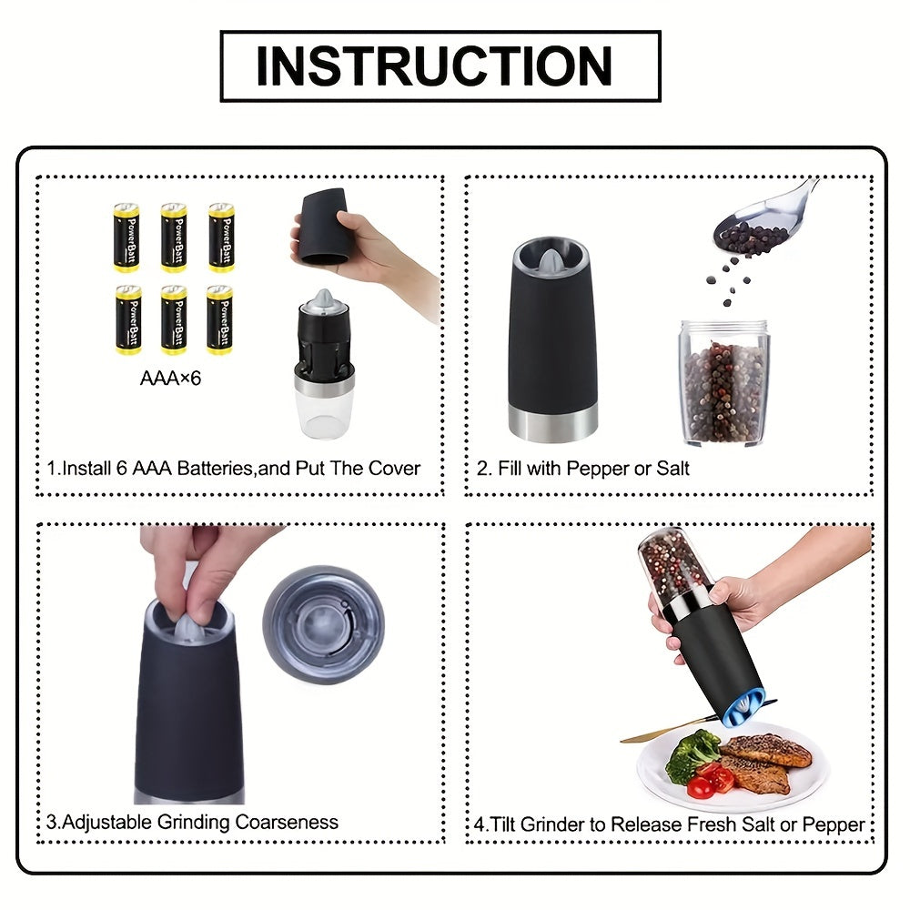 Pepper Grinder, Household Sea Salt Grinder, Electric Adjustable Spice Grinder, Reusable Pepper Crusher, Kitchen Gadgets, Adjustable Roughness, Battery Operated LED Light, One Hand Automatic Operation, Suitable For Any Occasion!