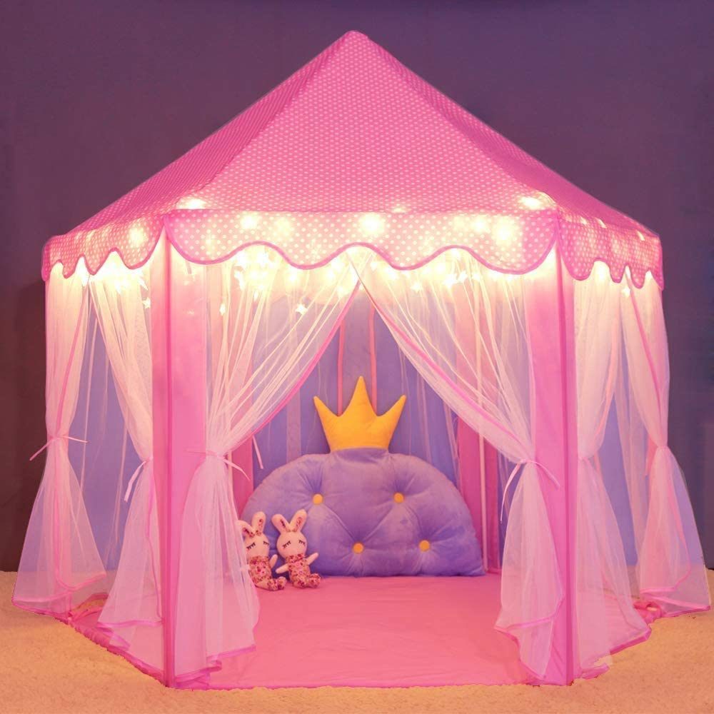 Outdoor Indoor Portable Folding Princess Castle Tent Kids Children Funny Play Fairy House Kids Play Tent(Warm LED Star Lights)