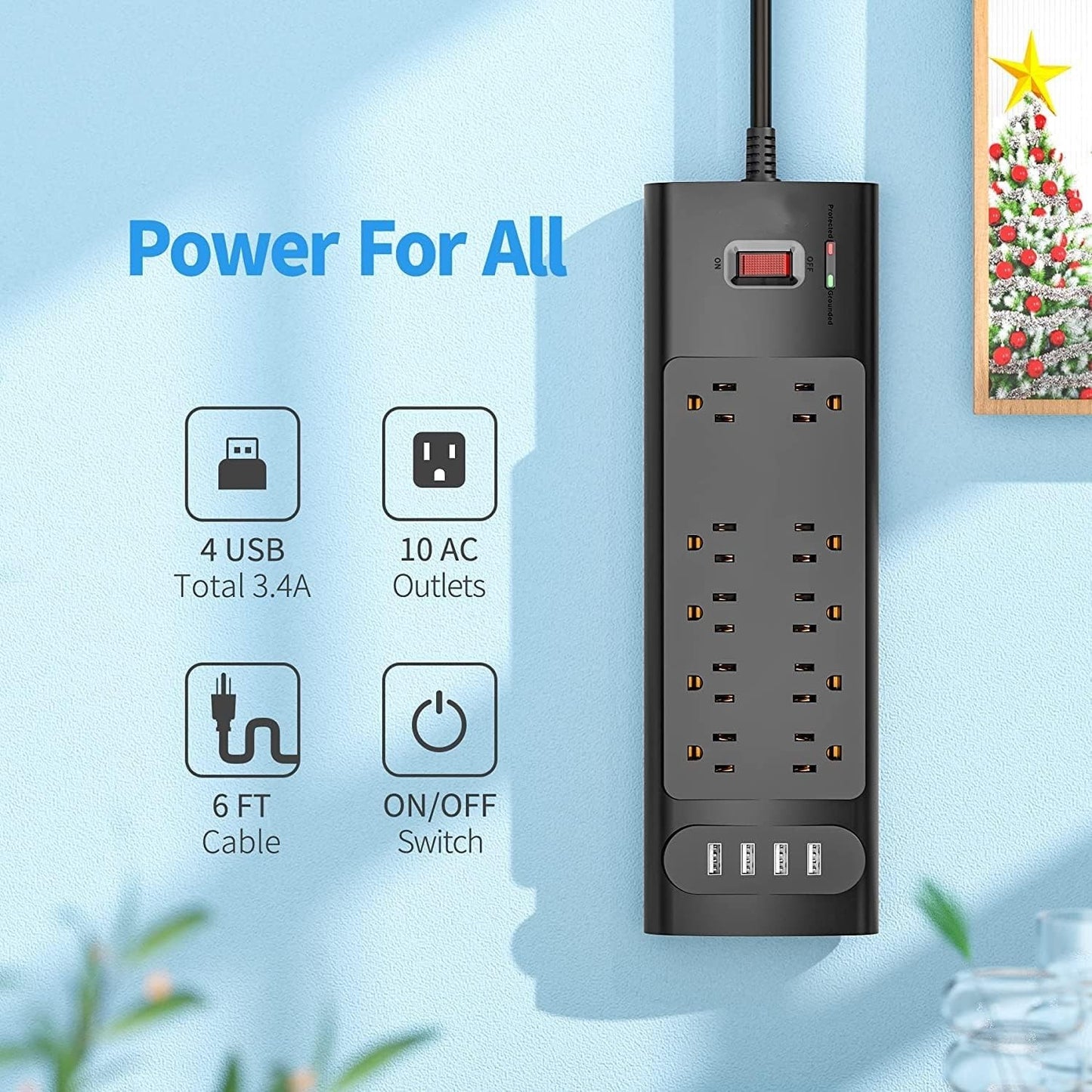 6 FT Long Extension Cord Power Strip Surge Protector with 10 AC Outlets & 4 USB Ports 1875W/15A, 2100 Joules