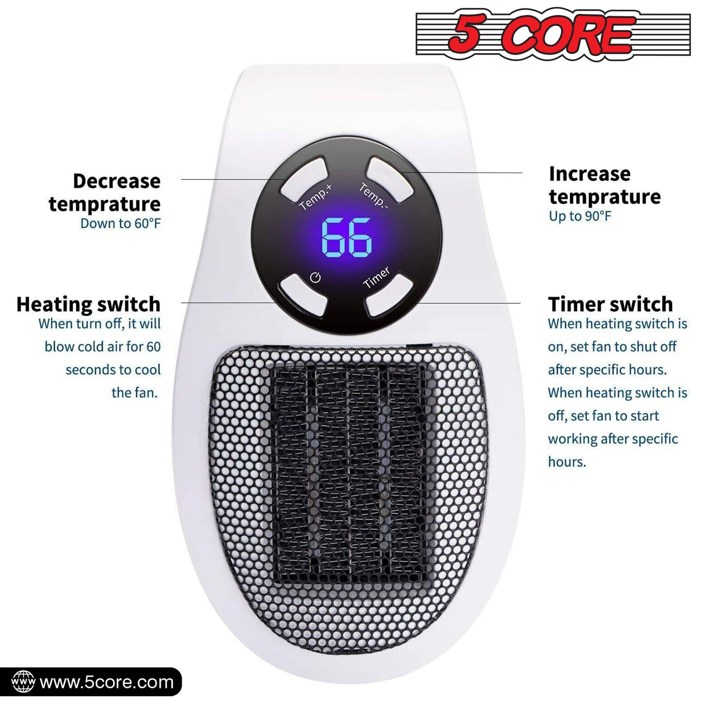 Programmable Space Heater; with Led Display Wall Outlet Electric Heater with Adjustable Thermostat and Timer for Home Office Indoor Use With Remote Control 500 Watt