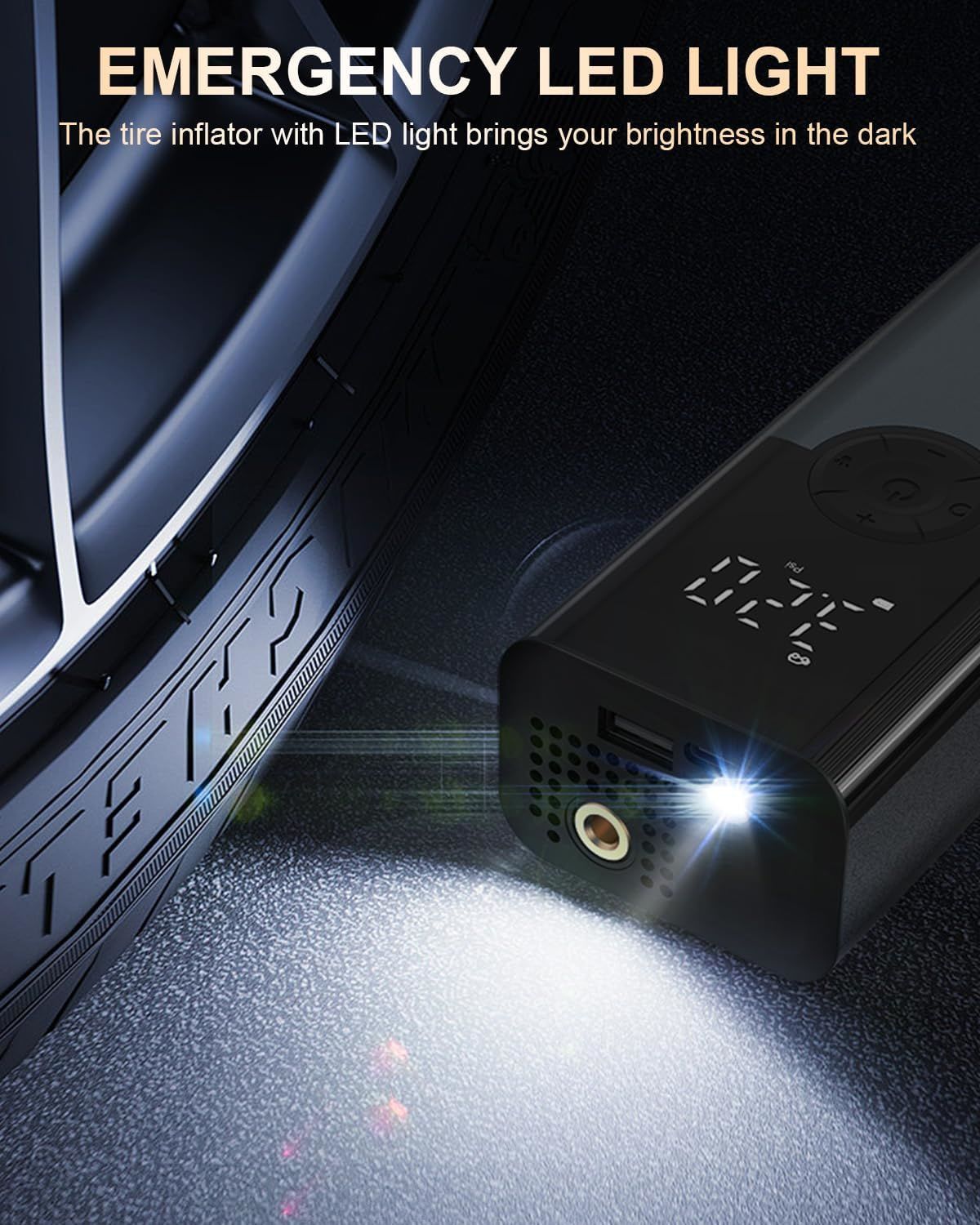 Compact 150PSI Wireless Tire Inflator with LED Light and Rechargeable Battery