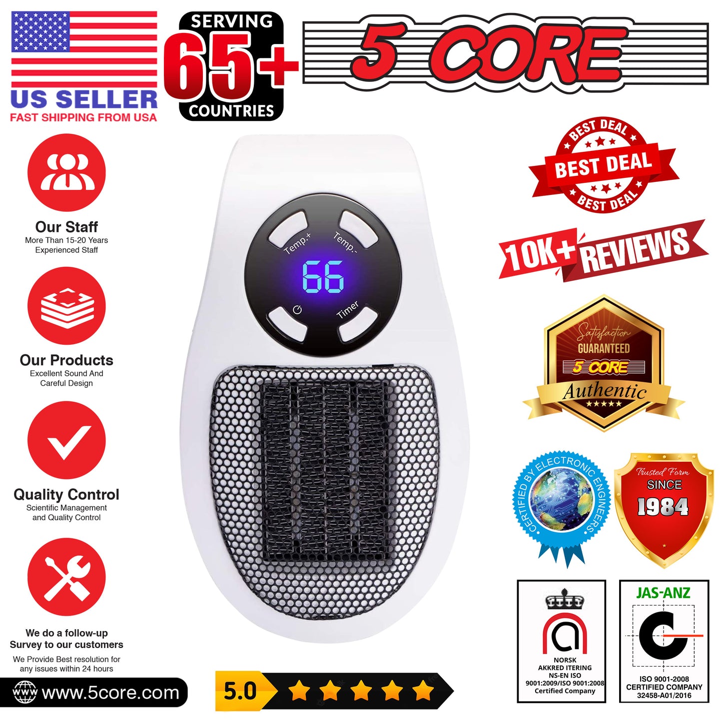 Programmable Space Heater; with Led Display Wall Outlet Electric Heater with Adjustable Thermostat and Timer for Home Office Indoor Use With Remote Control 500 Watt