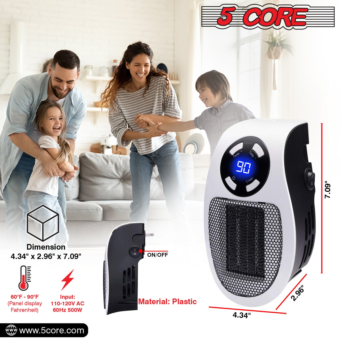 Programmable Space Heater; with Led Display Wall Outlet Electric Heater with Adjustable Thermostat and Timer for Home Office Indoor Use With Remote Control 500 Watt