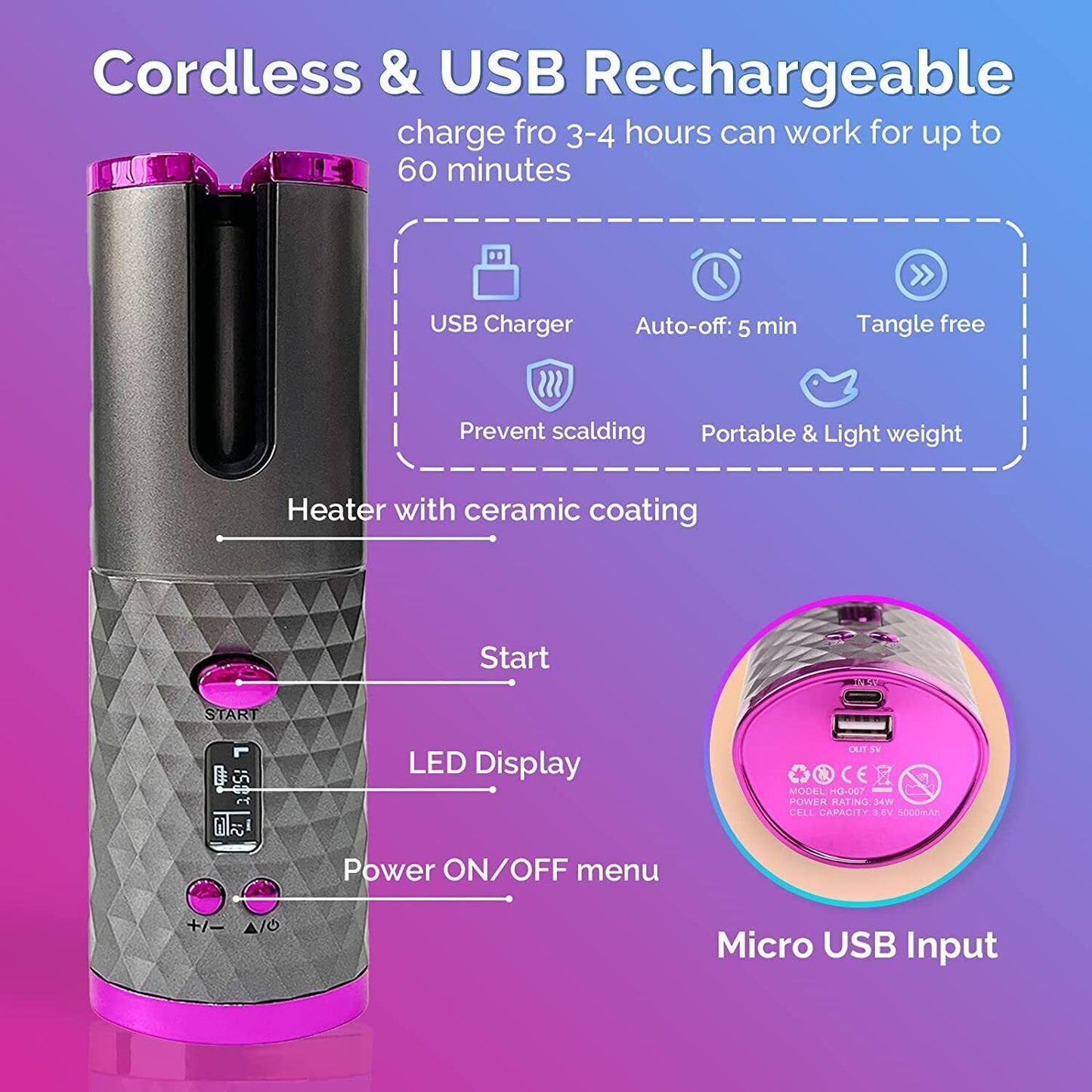 Easy-to-Use Cordless Auto-Rotating Hair Curler with LCD Display - Purple