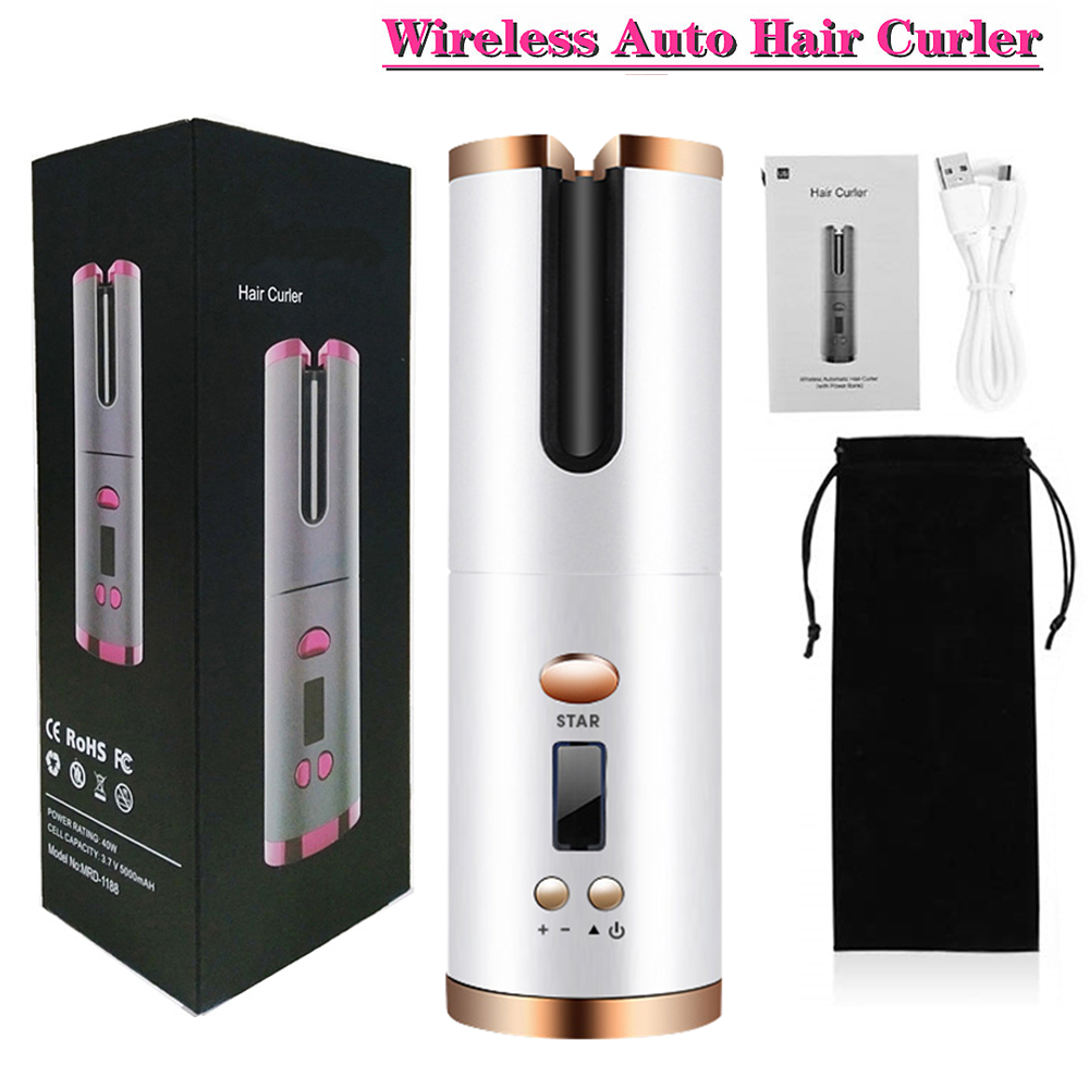 Wireless Automatic Curling Iron Rotating Ceramic Heating Hair Curler USB Rechargeable Portable Auto Hair Waver Corrugated Curling Wand Electric Curling Hair Tools