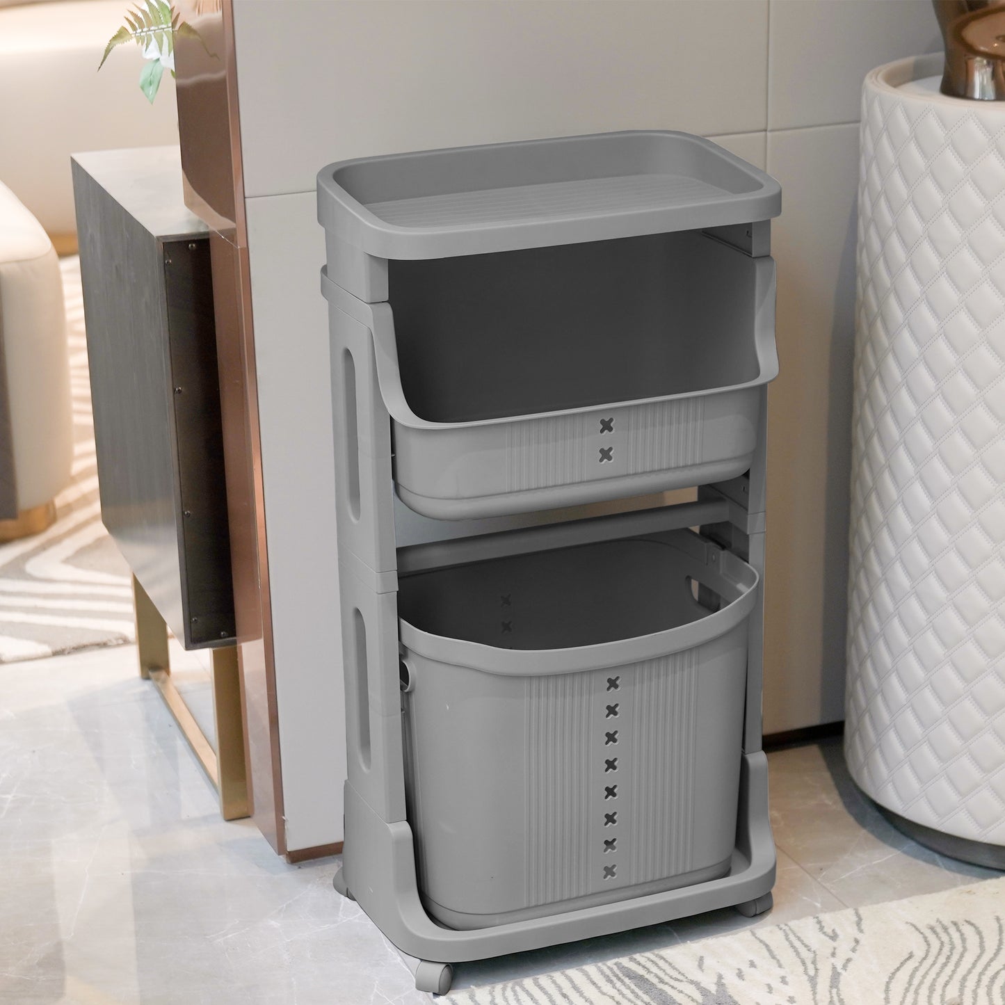 Stay Organized with this 2-Tier Gray Laundry Basket with Wheels for Your Home, Business, or Office