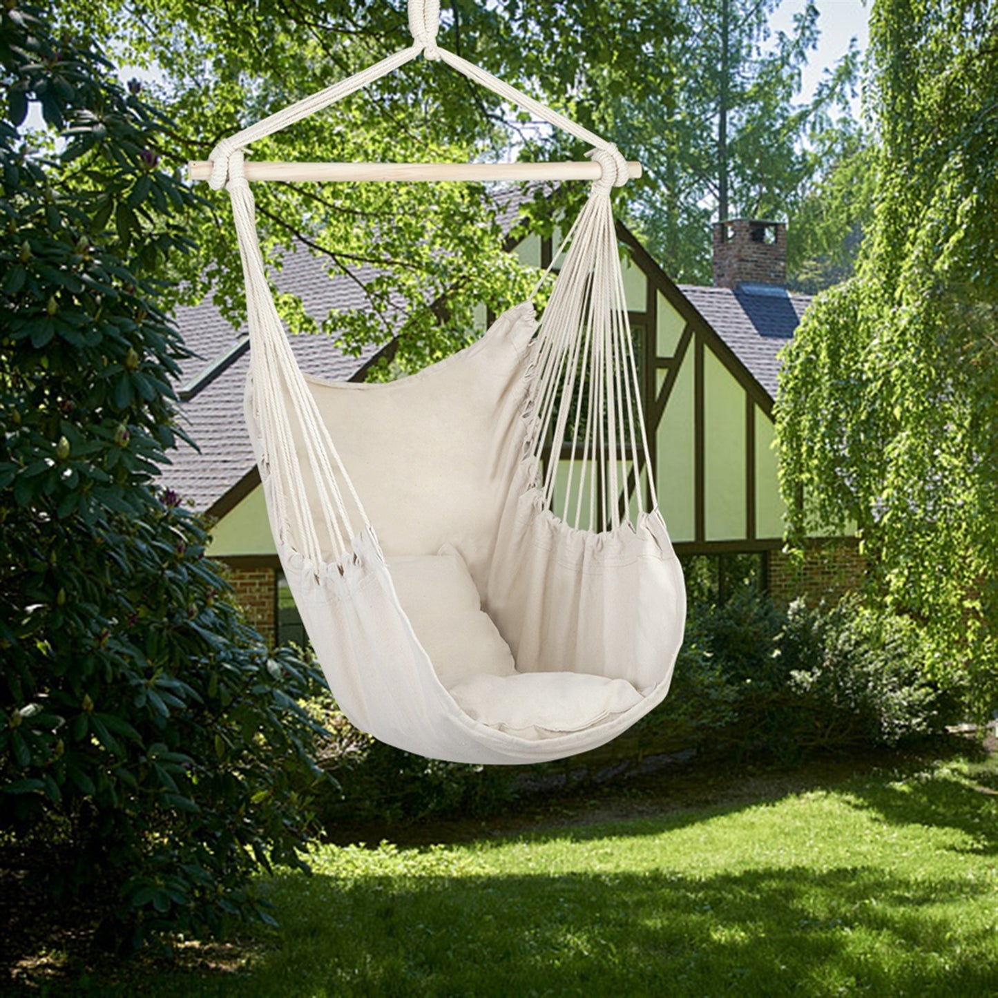 Hammock Chair Distinctive Cotton Canvas Hanging Rope Chair with Pillows Beige