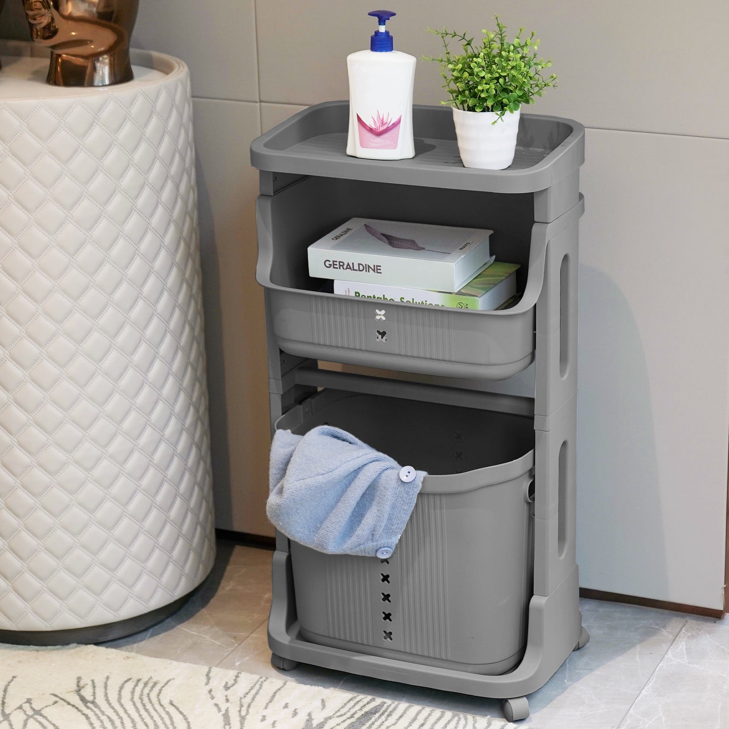 Stay Organized with this 2-Tier Gray Laundry Basket with Wheels for Your Home, Business, or Office