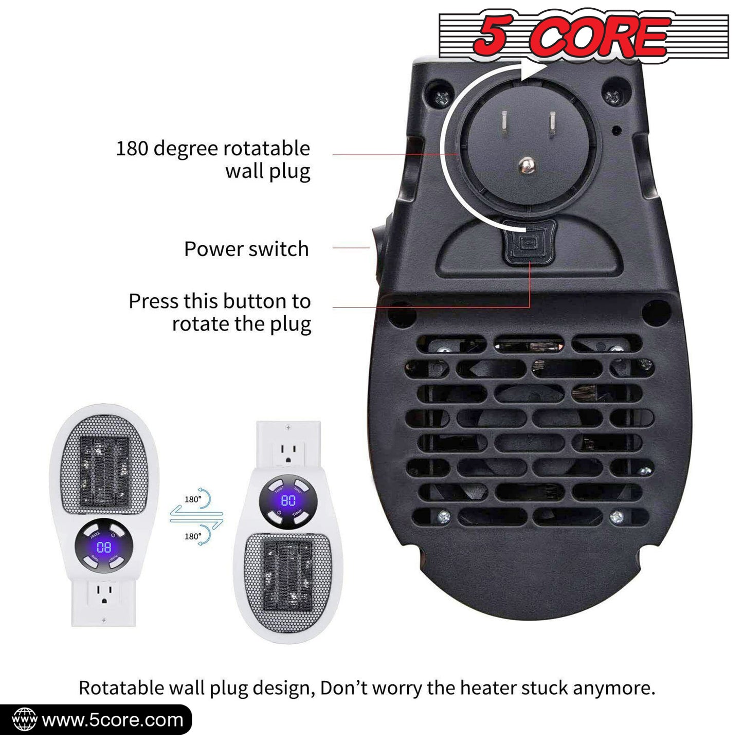 Programmable Space Heater; with Led Display Wall Outlet Electric Heater with Adjustable Thermostat and Timer for Home Office Indoor Use With Remote Control 500 Watt