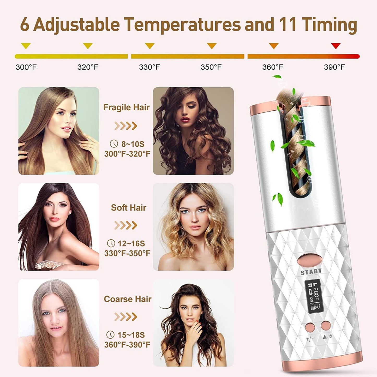 Wireless Automatic Curling Iron Rotating Ceramic Heating Hair Curler USB Rechargeable Portable Auto Hair Waver Corrugated Curling Wand Electric Curling Hair Tools