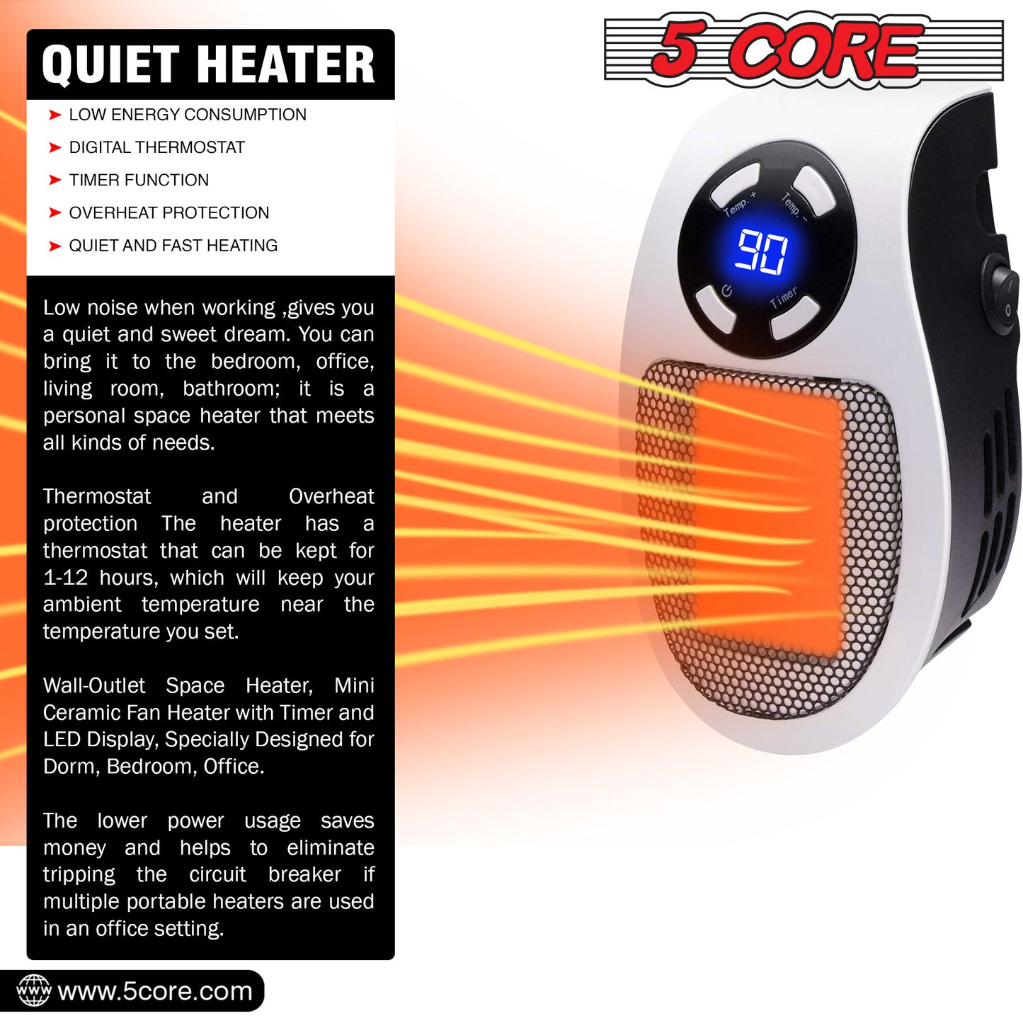 Programmable Space Heater; with Led Display Wall Outlet Electric Heater with Adjustable Thermostat and Timer for Home Office Indoor Use With Remote Control 500 Watt