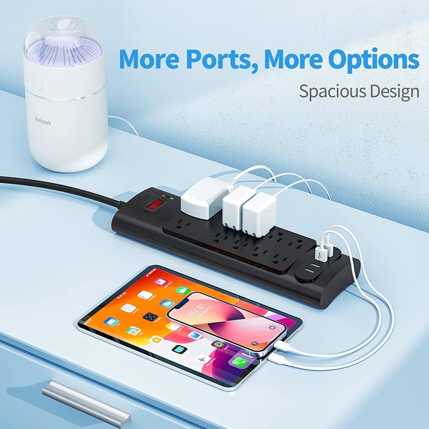 6 FT Long Extension Cord Power Strip Surge Protector with 10 AC Outlets & 4 USB Ports 1875W/15A, 2100 Joules