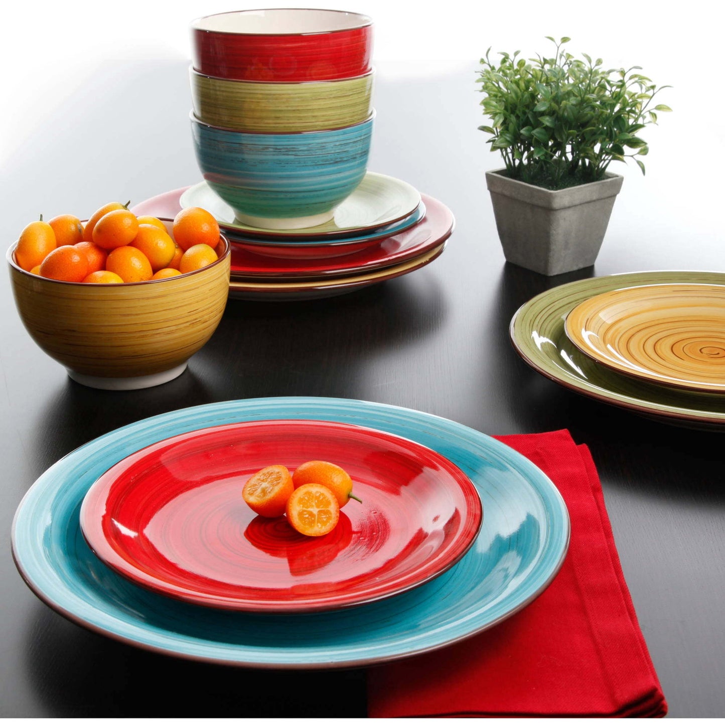 Festival 12-Piece Dinnerware Set - Vibrant Two-Tone, Assorted Colors, Durastone