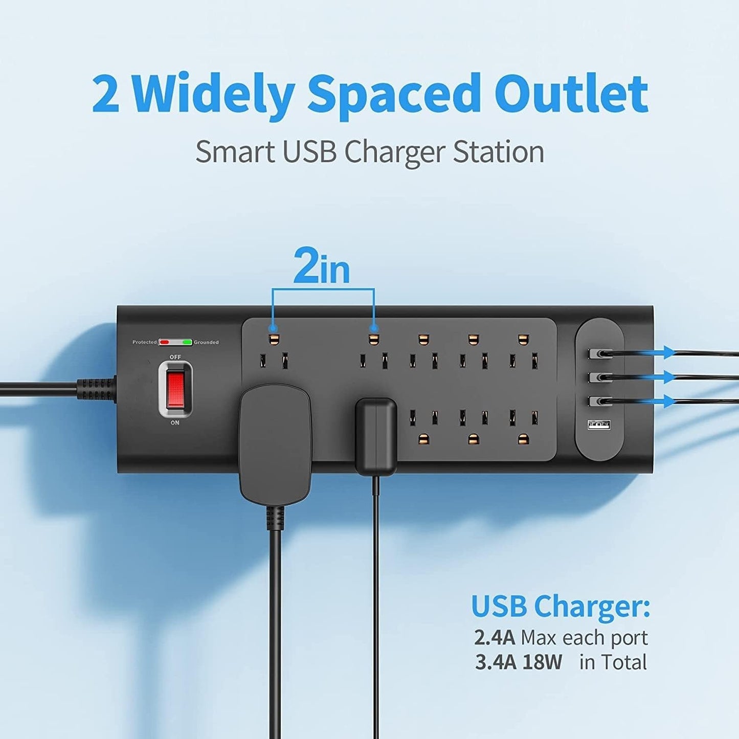 6 FT Long Extension Cord Power Strip Surge Protector with 10 AC Outlets & 4 USB Ports 1875W/15A, 2100 Joules